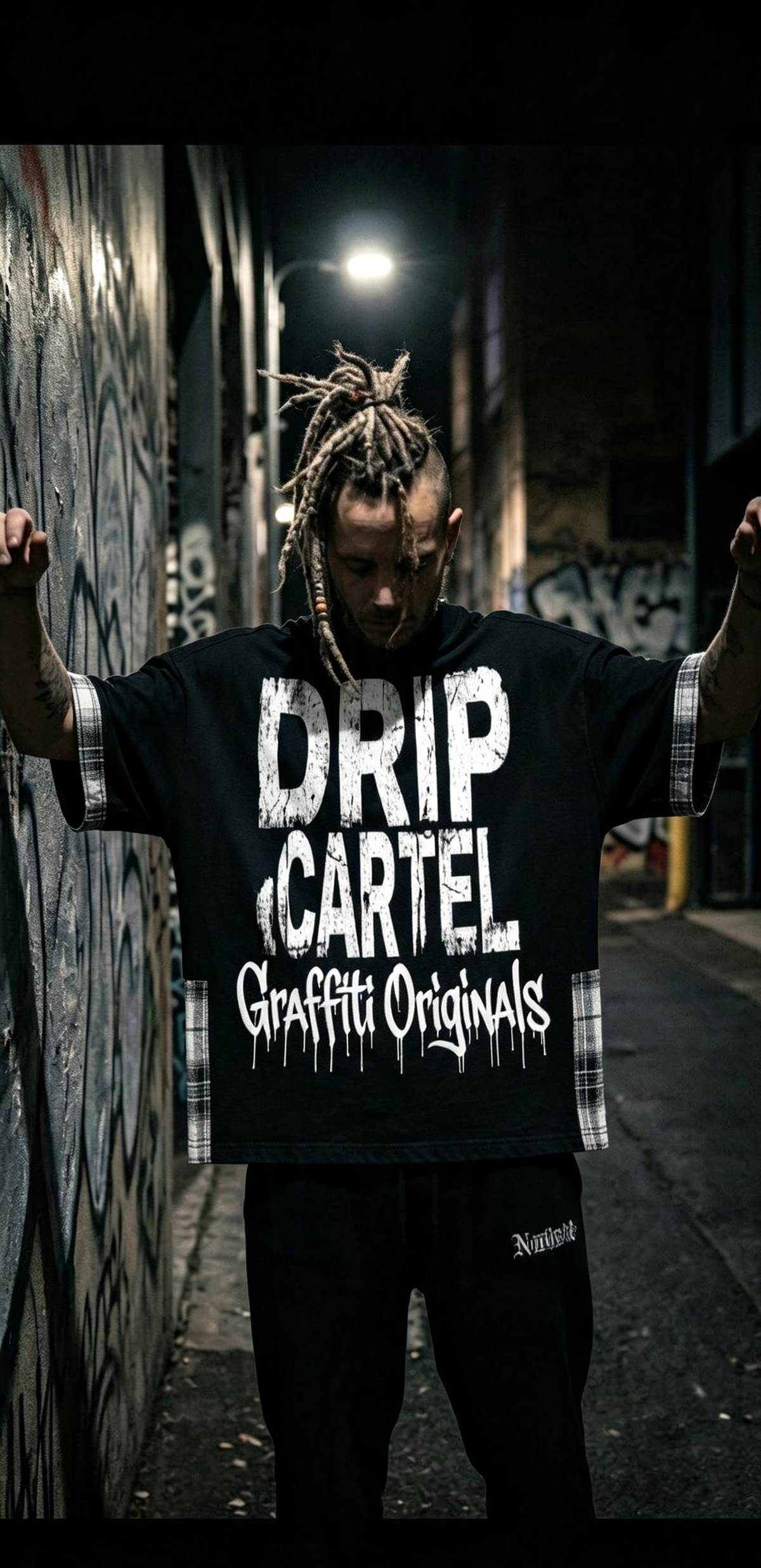 Drip Cartel plaid paneled oversized tee — alley lifestyle arms up
