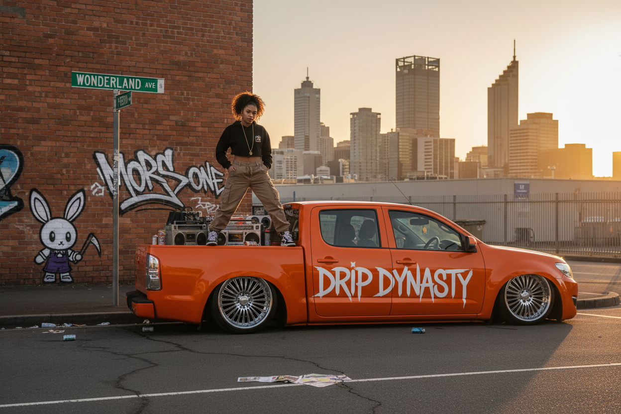sexy-b-girl-jessica-under-drip-dynasty-logo-graffitti-tag-mors-one-four-door-orange-pickup-truck-lowered 22-in rims sexy b girl in back tray. Perth city scene. cute Reaper bunnies artwork.  realistic street vibe. wonderland street sign
