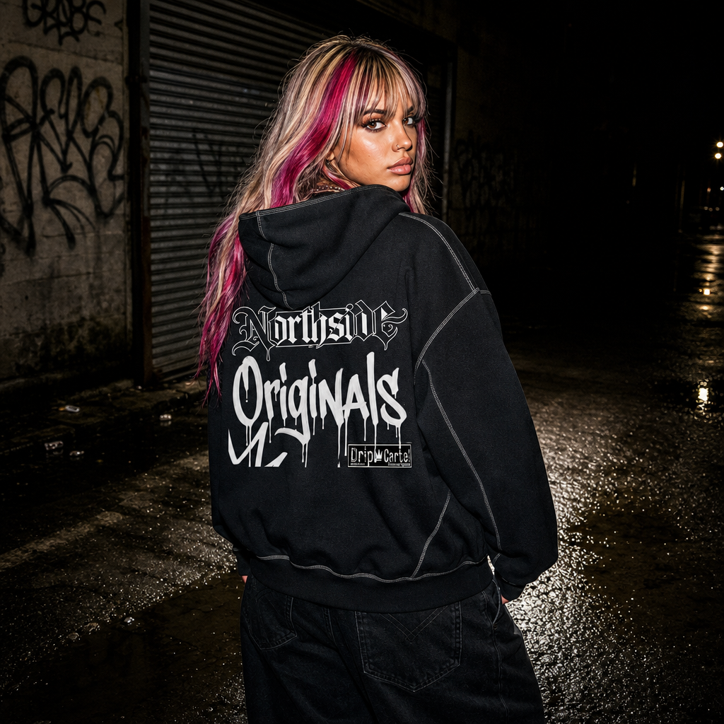 Drip Cartel boxy zip hoodie on-body — drop shoulder streetwear
